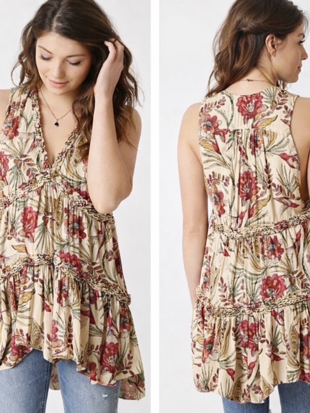 Free People Tiered Layered Floral‎ Bird Print Blouse Top Tunic Small Boho